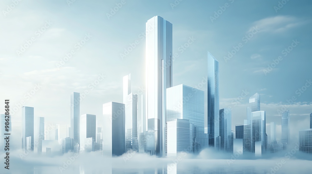 Futuristic cityscape with white tall skyscrapers emerging through the clouds against a bright blue sky, showcasing modern architecture. Futuristic cityscape with white tall skyscrapers emerging through the clouds against a bright blue sky, showcasing modern architecture.