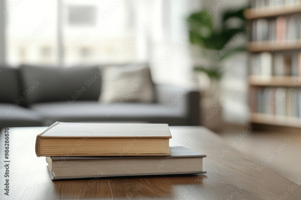 Workspace tabletop with books and copy space in front of blurred living room background with generative ai Workspace tabletop with books and copy space in front of blurred living room background with generative ai
