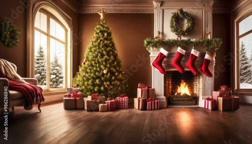 chrismas A cozy fireplace with stockings hung up