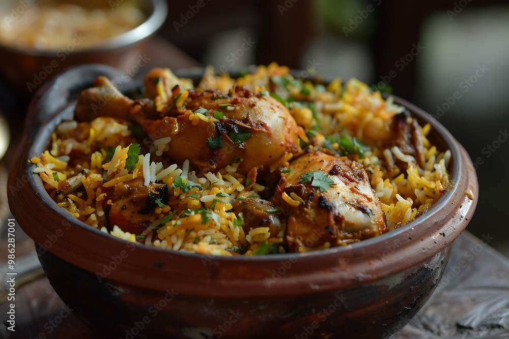 Biryani with chicken and rice in a clay pot. Biryani with chicken and rice in a clay pot.