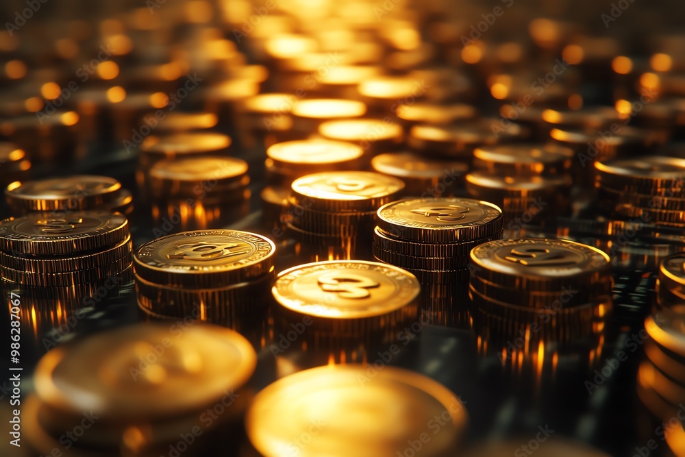 Close-up of stacks of shiny golden coins in warm lighting, representing wealth, savings, and financial growth concepts. Close-up of stacks of shiny golden coins in warm lighting, representing wealth, savings, and financial growth concepts.