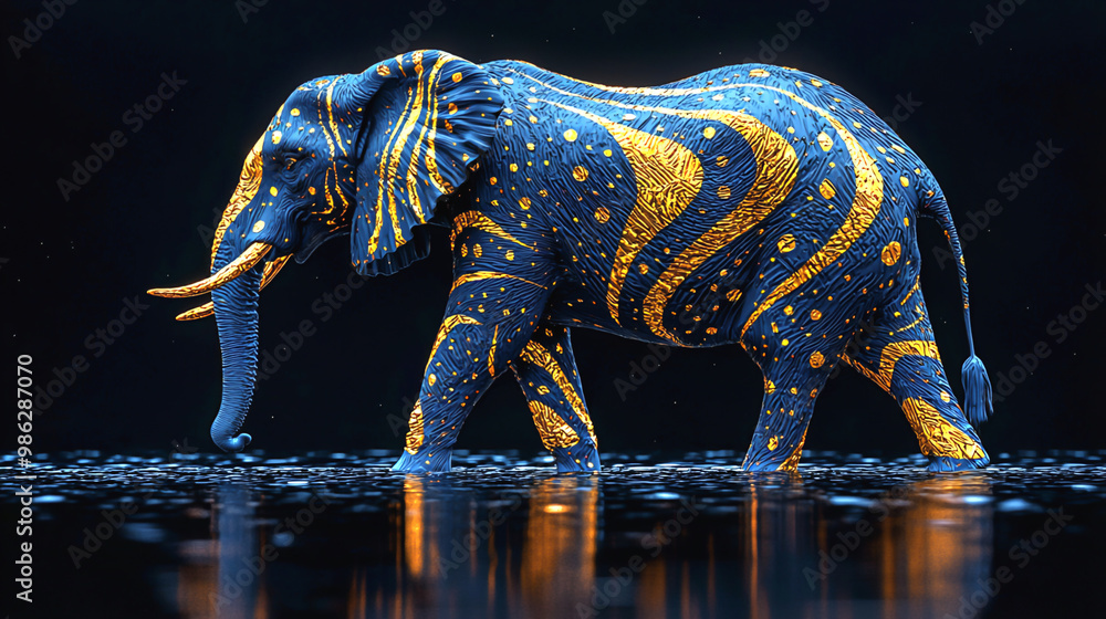 Fototapeta premium Blue neon elephant with glowing lights walking in the dark. 