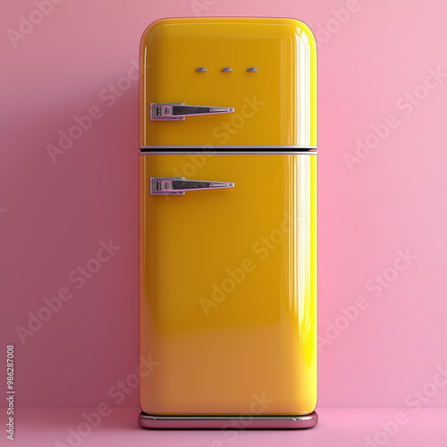 Retro yellow refrigerator against pink wall, minimalist style.  
