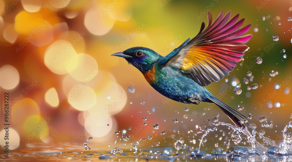Fototapeta premium Colorful bird in flight splashing water with vibrant background bokeh. 