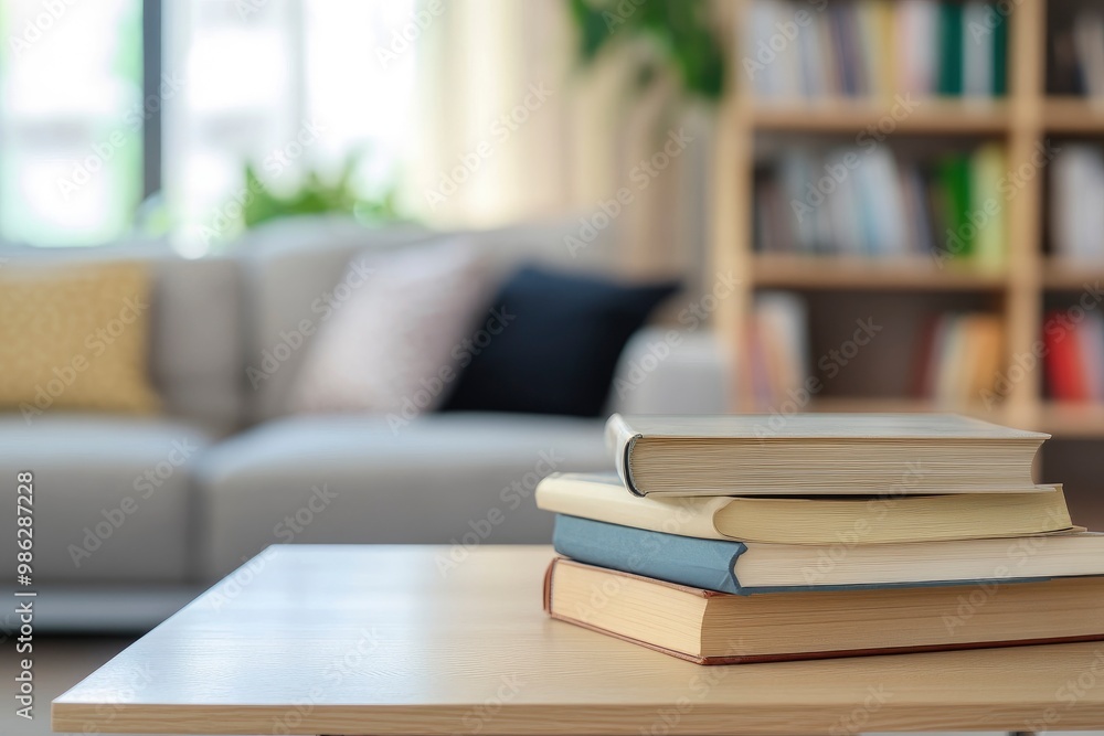 Workspace tabletop with books and copy space in front of blurred living room background with generative ai Workspace tabletop with books and copy space in front of blurred living room background with generative ai