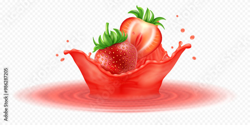 Realistic whole and slice strawberry falling in juice splash isolated on transparent background.