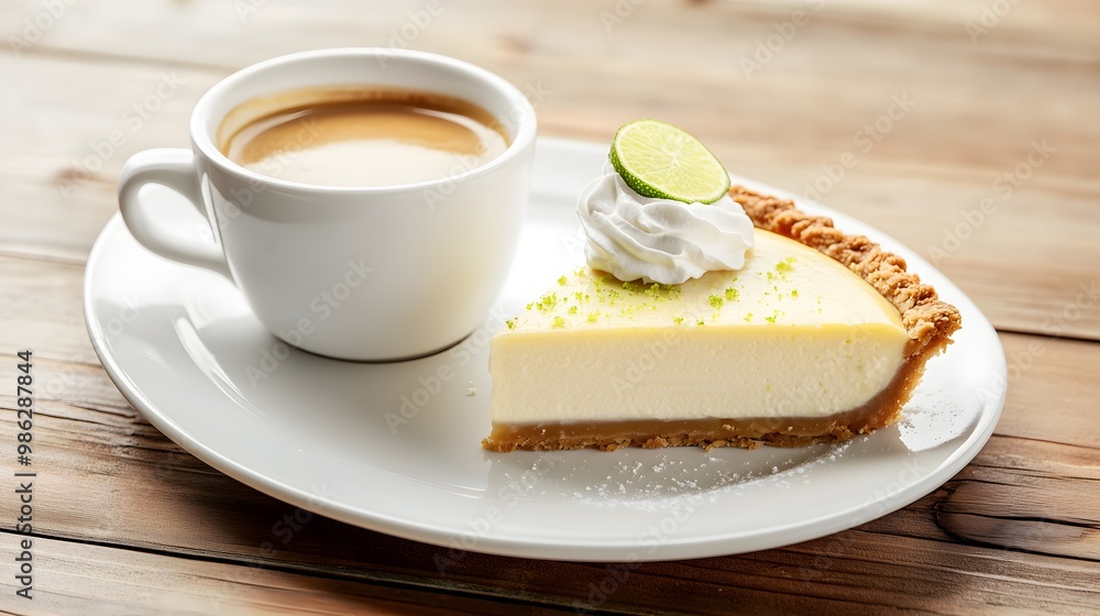 Slice of Classic Key Lime Pie Coffee Cozy Composition Wooden Table Slice of Classic Key Lime Pie Coffee Cozy Composition Wooden Table