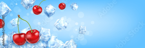 Realistic cherry with flying ice cubes on light blue background. Banner concept for fresh cold beverage ads with text space.