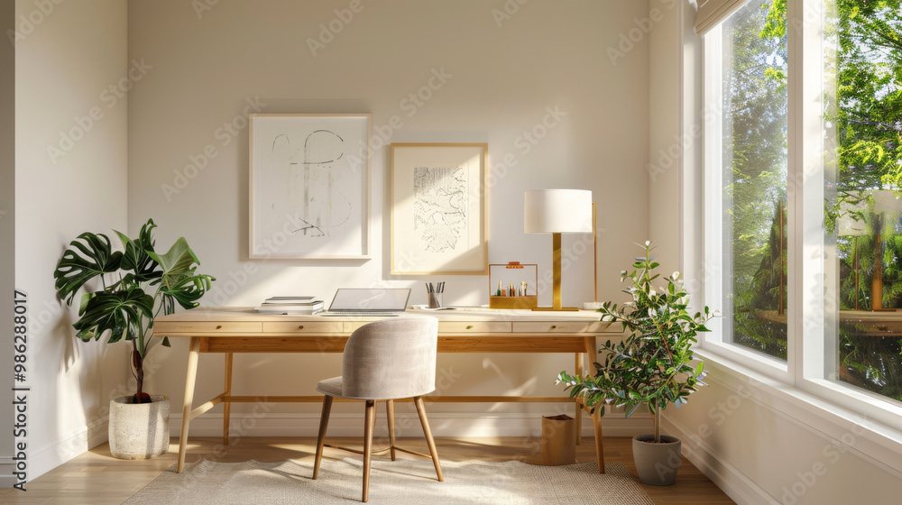 A minimalist home office featuring clean desk, light walls, and natural light streaming through large windows. space is enhanced by greenery, creating serene and productive atmosphere A minimalist home office featuring clean desk, light walls, and natural light streaming through large windows. space is enhanced by greenery, creating serene and productive atmosphere