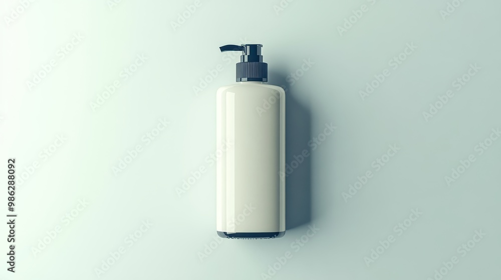 White Pump Dispenser Bottle with Black Cap on a Minimalist Light Background for Skincare or Lotion. Mock up, Mockup, Mock-up. White Pump Dispenser Bottle with Black Cap on a Minimalist Light Background for Skincare or Lotion. Mock up, Mockup, Mock-up.