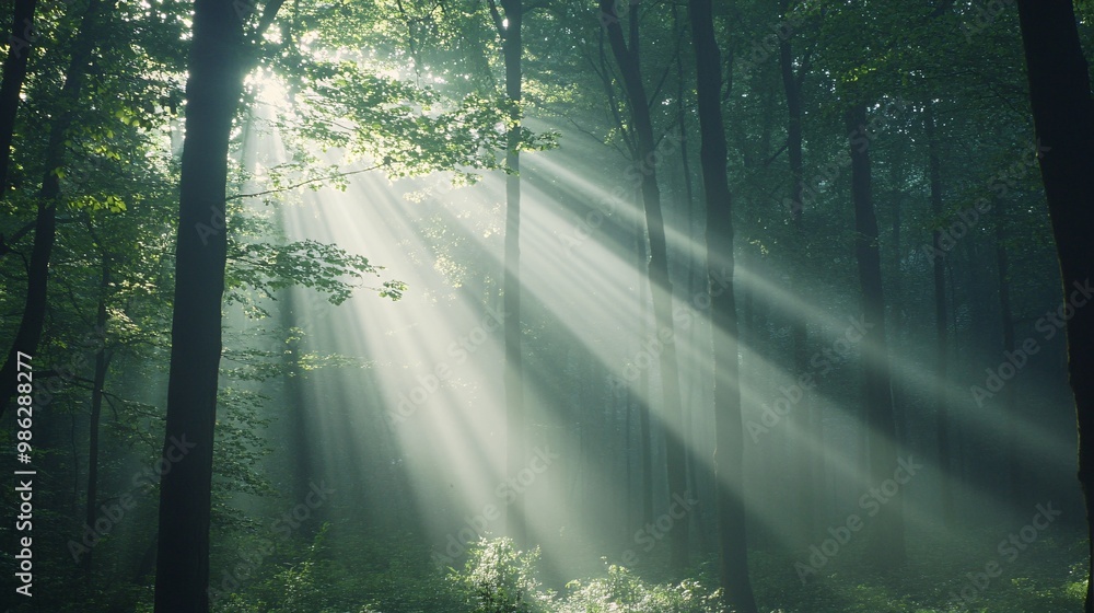 Sunlight Streaming Through Foggy Forest Sunlight Streaming Through Foggy Forest