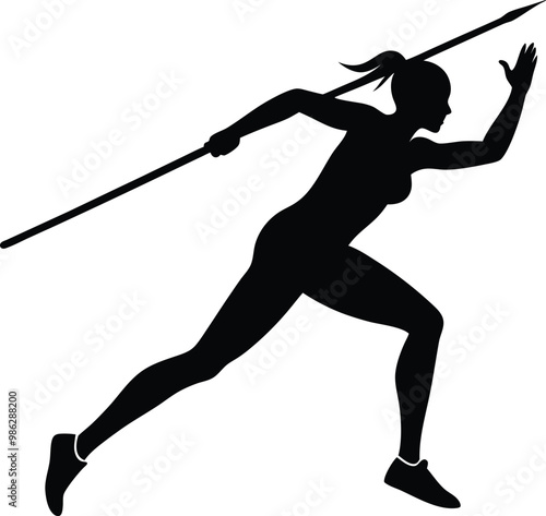 Woman javelin thrower silhouette, vector drawing illustration on black and white.