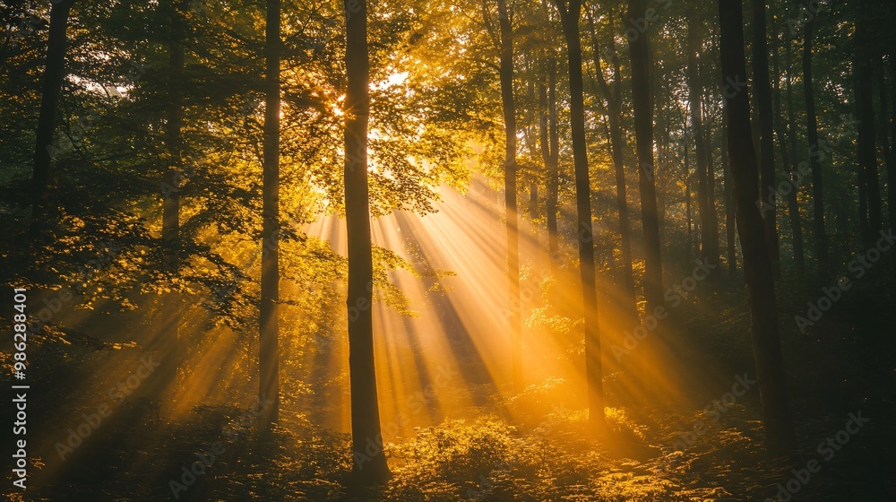 Obraz premium Golden Sunlight Rays Filtering Through Dense Forest Trees
