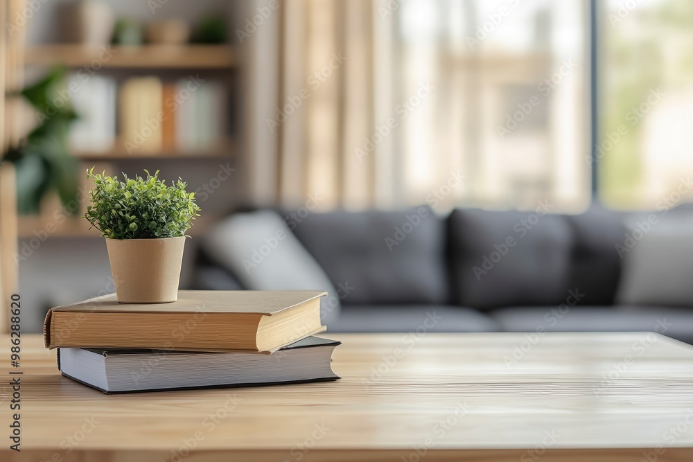 Workspace tabletop with books and copy space in front of blurred living room background with generative ai Workspace tabletop with books and copy space in front of blurred living room background with generative ai