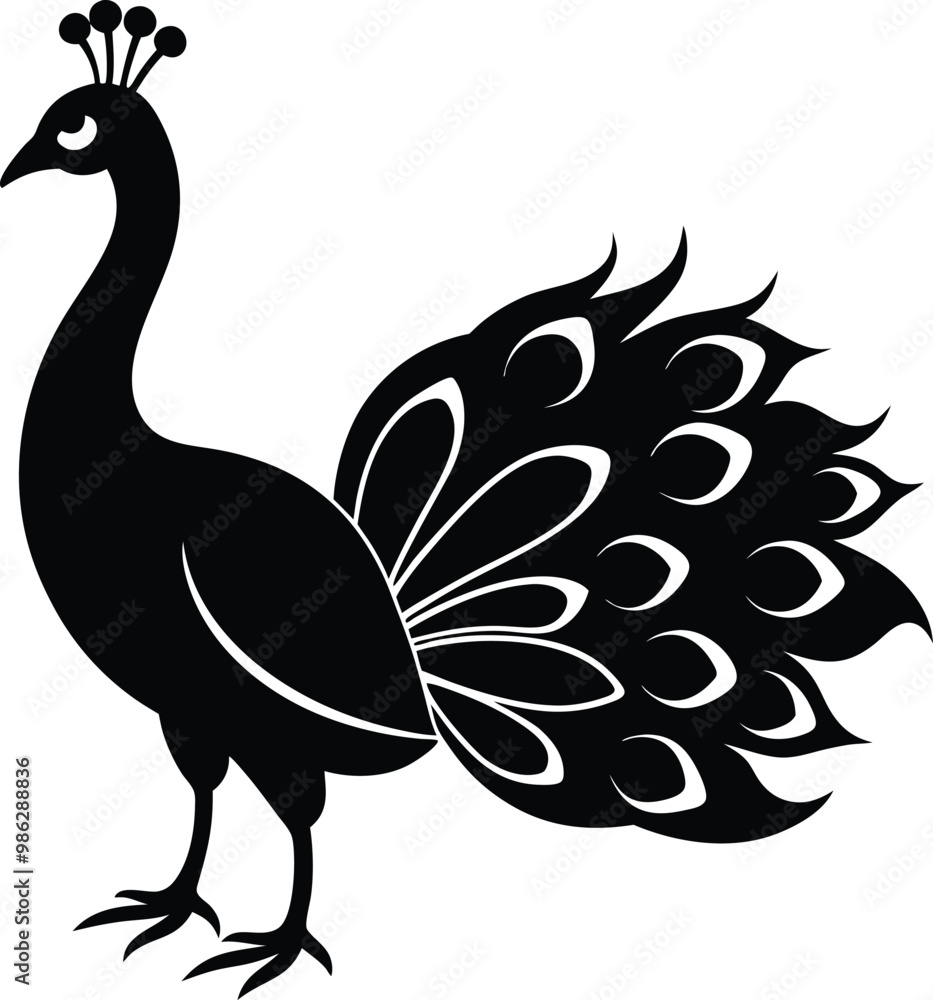 Fototapeta premium Peacock silhouette vector art with smooth illustration, solid black peacock with no background design.
