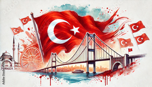 A drawing of a bridge with turkey flags photo