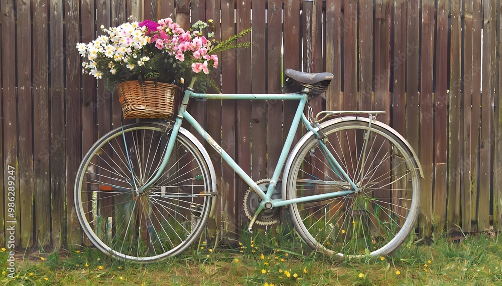 Fototapeta premium bicycle and flowers in a basket bicycle with flowers bicycle in the street bicycle and flowers