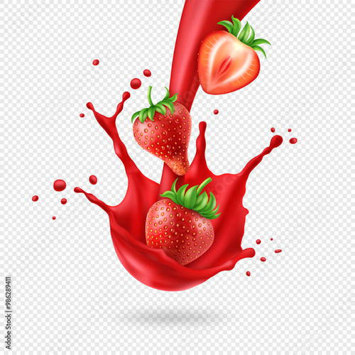 Realistic whole and slice strawberry falling in juice stream and splash isolated on transparent background.