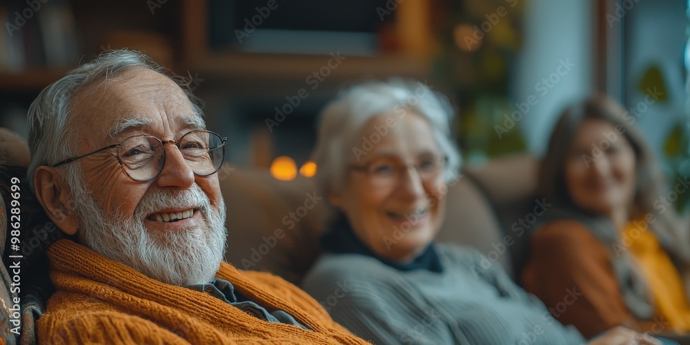 A group of seniors sitting together in a cozy living room, laughing and sharing stories, embracing their retirement years with joy A group of seniors sitting together in a cozy living room, laughing and sharing stories, embracing their retirement years with joy