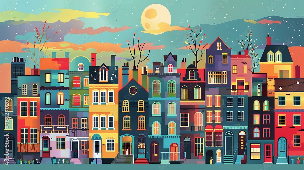 Colorful Illustration of a Nighttime Cityscape with Houses and Moon Colorful Illustration of a Nighttime Cityscape with Houses and Moon