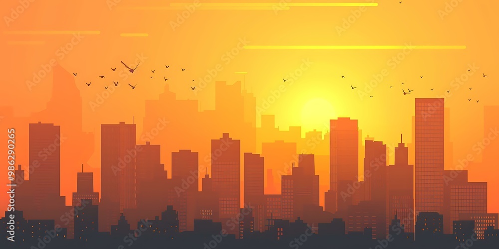 Orange Sunset Skyline Silhouette Illustration Orange Sunset Skyline Silhouette Illustration