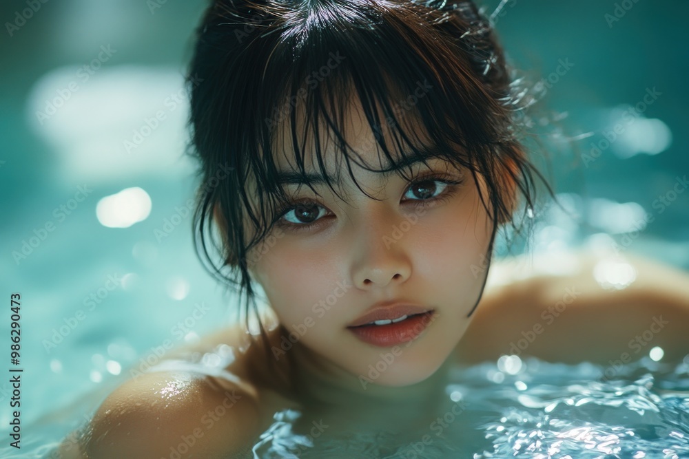 Close-up portrait of a young woman with wet hair and makeup, looking at the camera while submerged in water. Close-up portrait of a young woman with wet hair and makeup, looking at the camera while submerged in water.