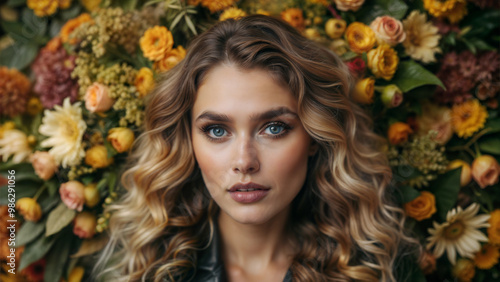 Portrait of a young woman with curly hair and blue eyes.