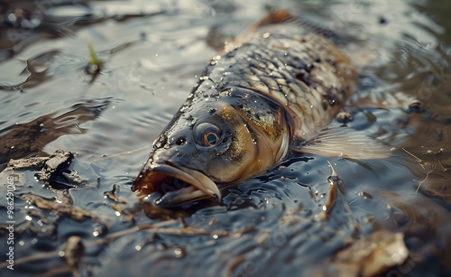 Fish float to the surface of the water due to a lack of certain conditions for its existence. photo