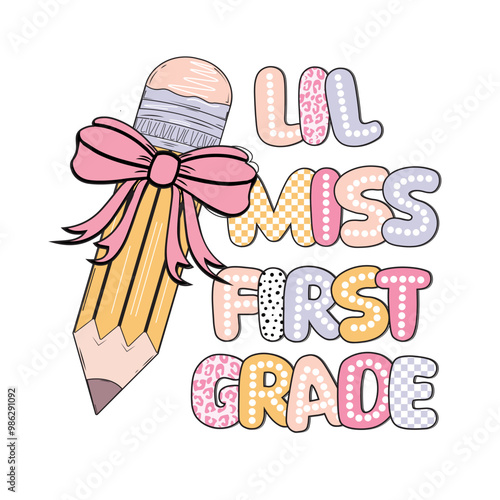 Lil miss all grade vintage svg png,Lil miss Kinder garten svg png, Little Miss Kinder, Coquette pincel, Dalmatian dots, checkered, leopard, back to school, 100 days of school
 photo