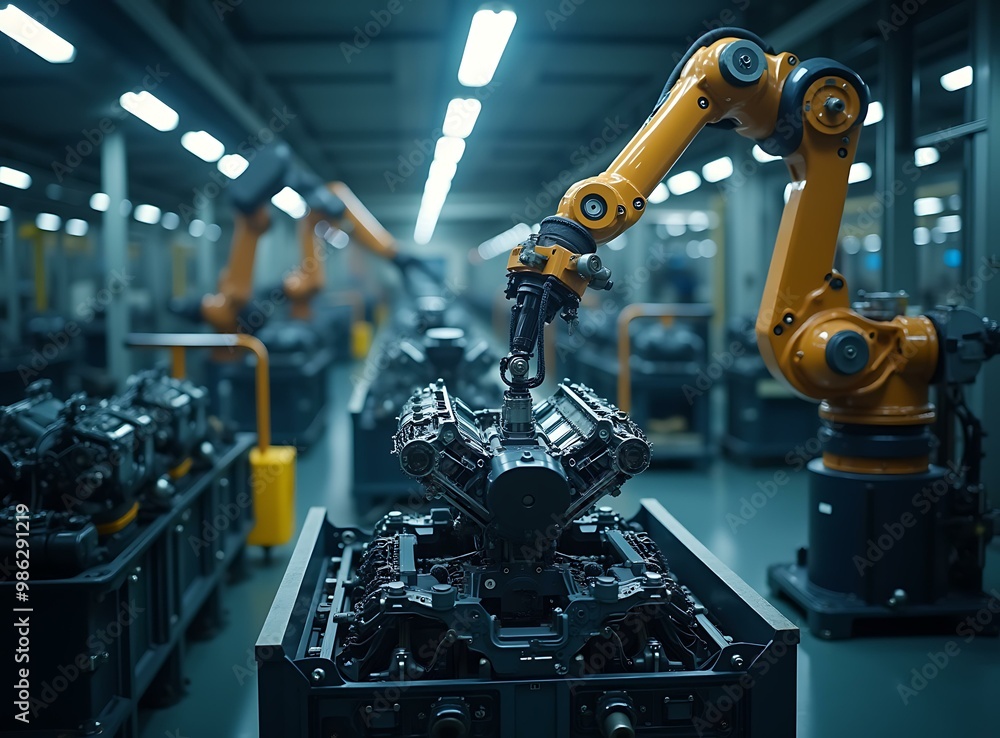 Industrial Robot Arm Assembling Engine in Factory Industrial Robot Arm Assembling Engine in Factory