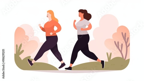 Two Women Running Together in an Outdoor Park, Smiling and Enjoying Their Workout in Stylish Yoga Outfits. Captured from Behind on a Red Asphalt Path Surrounded by Lush Greenery.