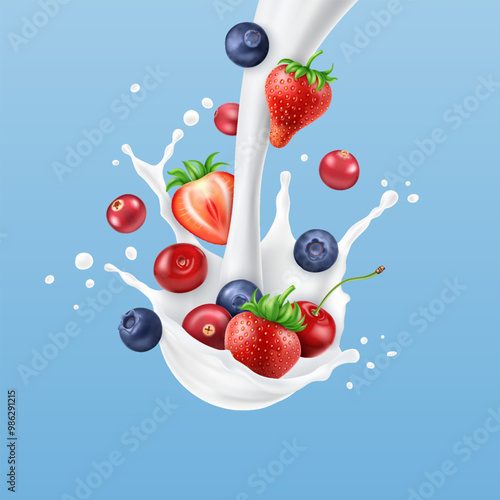 Milk, cream or yogurt liquid splash with strawberry, cranberry, blueberry and cherry on light blue background.