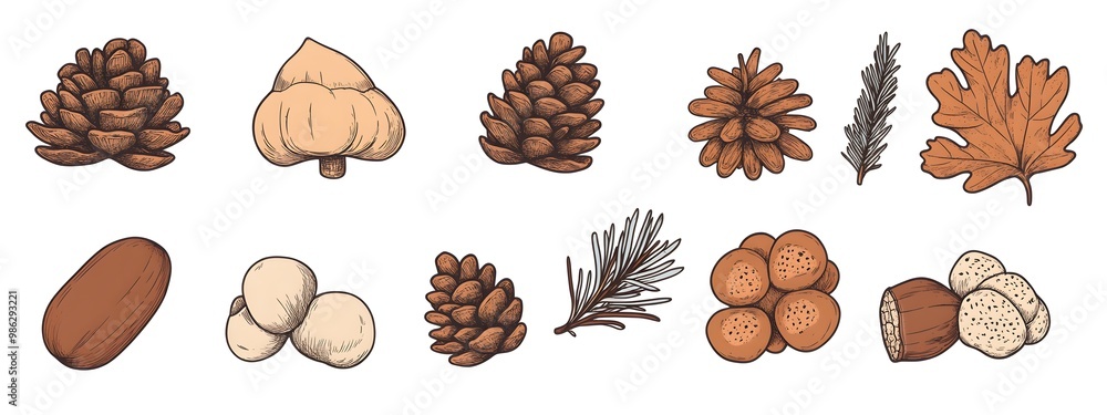 A set of hand-drawn acorns, pine cones, and chestnuts in earthy tones on a white background, vector illustration, cute doodle art style, flat design, clipart, vector graphics, vector illustrations A set of hand-drawn acorns, pine cones, and chestnuts in earthy tones on a white background, vector illustration, cute doodle art style, flat design, clipart, vector graphics, vector illustrations