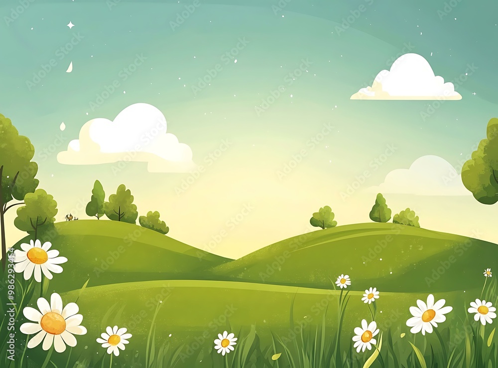Fototapeta premium Green Hills and Daisies Landscape Illustration