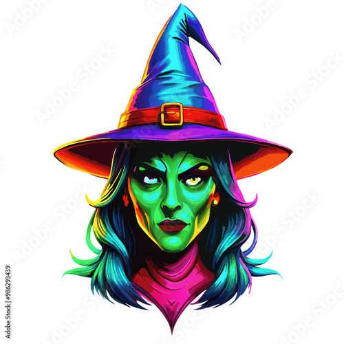 Wicked witch portrait with neon green face and glowing hat against
