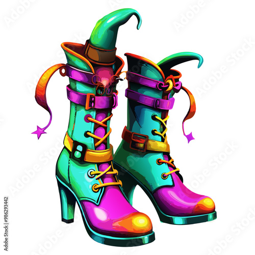 Colorful witch boots with buckles and pointed toes agains