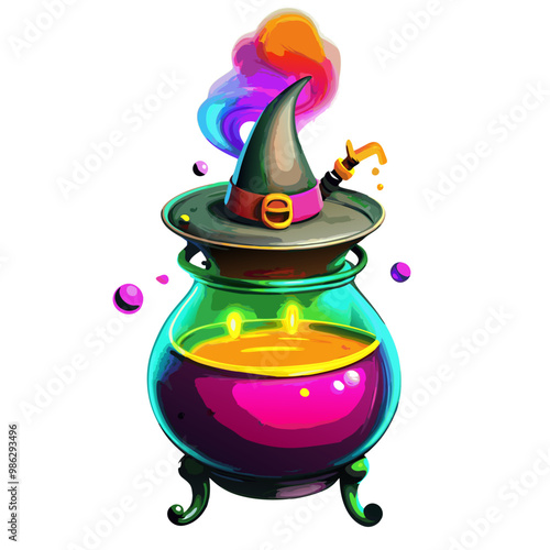 Witch's bubbling cauldron with colorful potion and magic hat