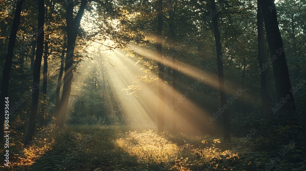 Fototapeta premium Sunbeams Piercing Through a Misty Forest