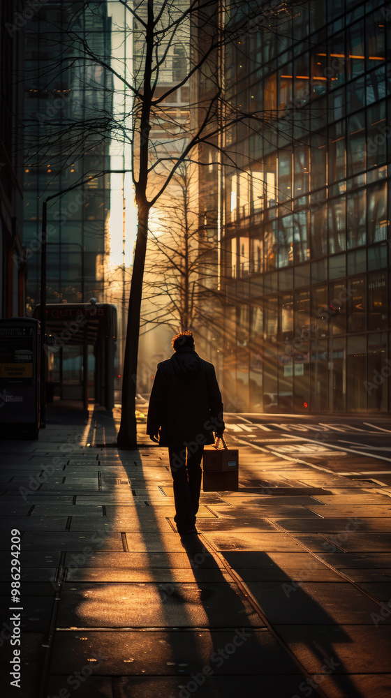 A silhouette of a businessman walking through a city street at sunset, casting long shadows against modern architecture. A silhouette of a businessman walking through a city street at sunset, casting long shadows against modern architecture.