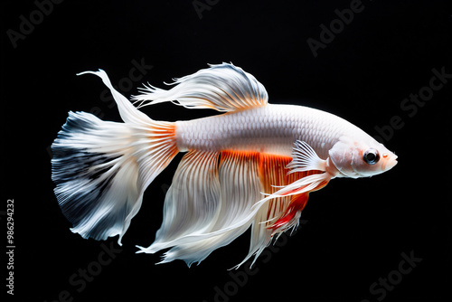 minimalist white mix orange Betta Fish, dark black background