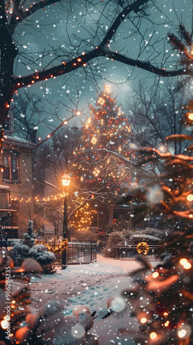 A serene winter scene with a beautifully lit Christmas tree amidst falling snow and twinkling lights in a charming village.