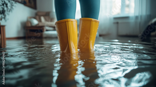 Person in yellow rubber boots standing in flooded living room with water covering floor photo