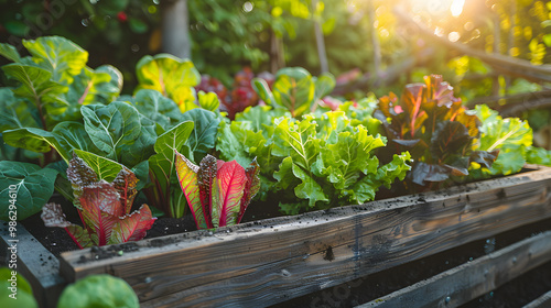 home gardening, eco-friendly growing of greenery. vegetable garden in wooden bed with vibrant green lettuce red chard in sunlight, organic gardening