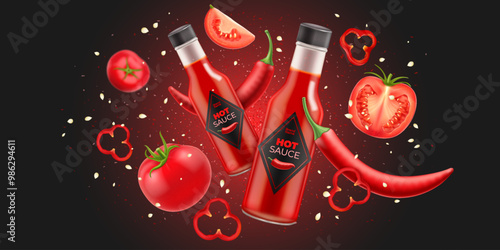 Hot chili pepper and tomato sauce bottle product ads with flying whole, piece and slice vegetables on dark background. Ketchup bottle realistic mockup.