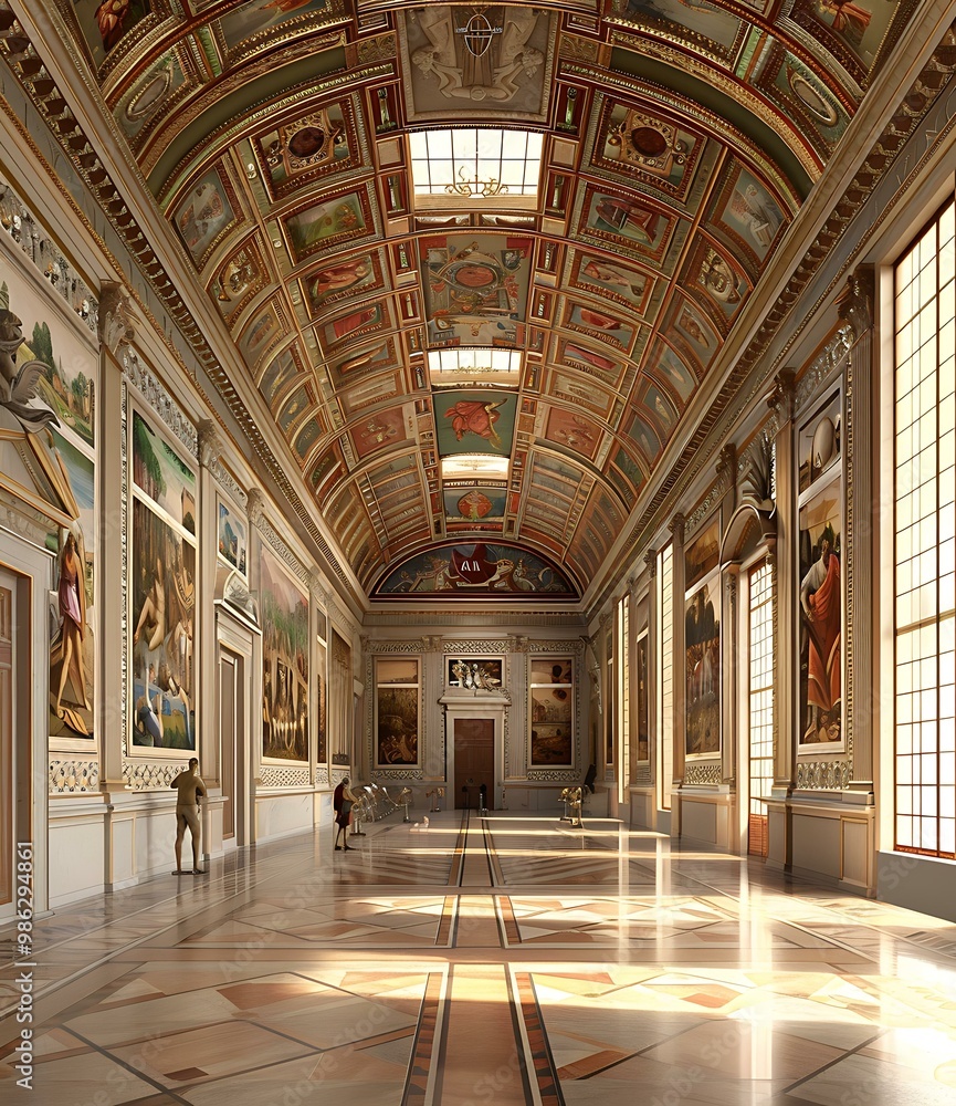 Obraz premium Art Gallery Hallway With Ceiling Paintings And People