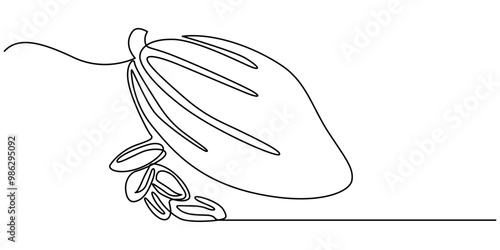 Single continuous line drawing of whole healthy organic cocoa bean for plantation logo identity. Fresh cacao concept for chocolate shop icon, Pro Vector