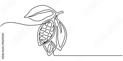 Single continuous line drawing of whole healthy organic cocoa bean for plantation logo identity. Fresh cacao concept for chocolate shop icon, Pro Vector