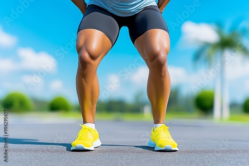 A person doing high knees in an outdoor workout, demonstrating dynamic movement and cardio fitness photo