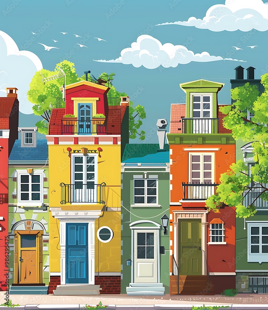 Colorful Houses in a Row with Green Trees Colorful Houses in a Row with Green Trees