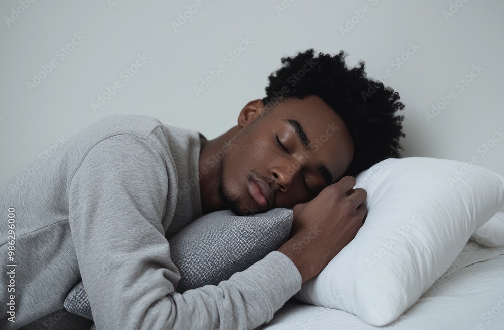 A man is sleeping on his side with a stuffed animal and a pillow. He is wearing gray pajamas with a hood, against a white background. Advertising stock photo. Close-up of both hands holding a pillow A man is sleeping on his side with a stuffed animal and a pillow. He is wearing gray pajamas with a hood, against a white background. Advertising stock photo. Close-up of both hands holding a pillow